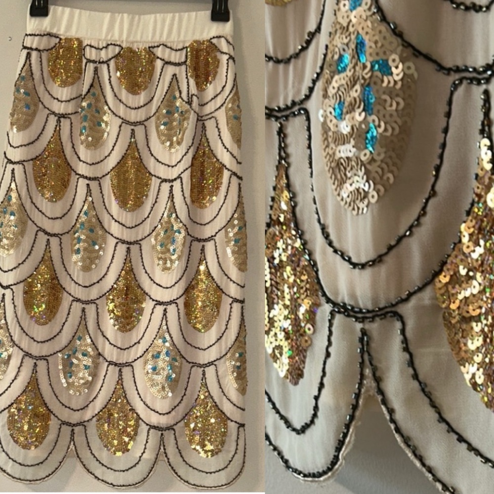 Lovely Girl Ivory Sequined Beaded Midi Skirt Small Elastic Waist Scalloped Hem